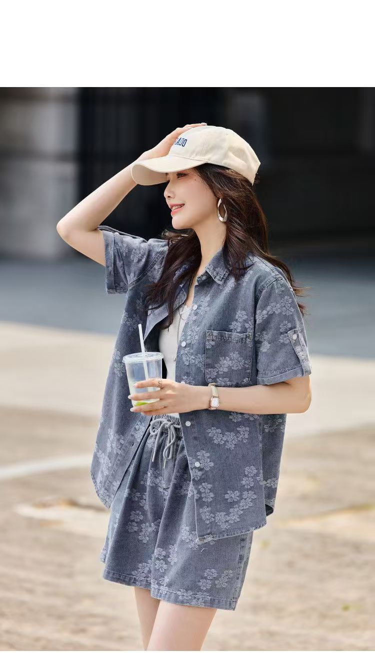 Ruswear Summer Denim Series Floral Print Loose Denim Matching Two-Piece Set For Women