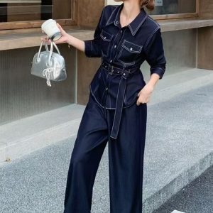 Ruswear Elegant Denim Series Belted Contrast Stitching Denim Two Piece Set | ruswear.com