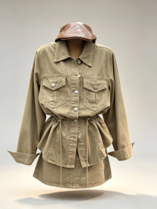 Khaki cargo two‑piece set drawstring waist utility jacket high waist mini skirt women vintage safari street bulk wholesale