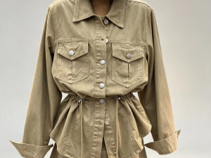 Khaki cargo two‑piece set drawstring waist utility jacket high waist mini skirt women vintage safari street bulk wholesale
