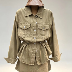 Khaki cargo two‑piece set drawstring waist utility jacket high waist mini skirt women vintage safari street bulk wholesale