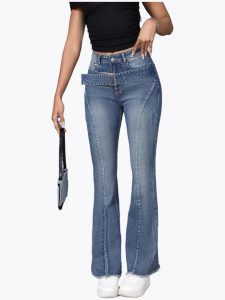 Women High Waist Flare Jeans With Belt Raw Hem 