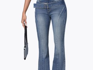 Women High Waist Flare Jeans With Belt Raw Hem 
