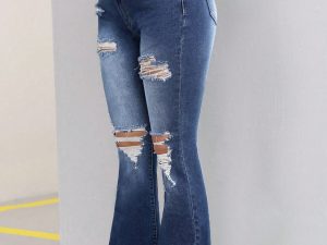 Women Ripped High Waist Flare Jeans Distressed Denim Pants 