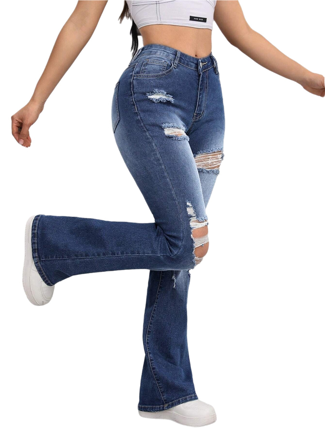 Women Ripped High Waist Flare Jeans Distressed Denim Pants - Image 2