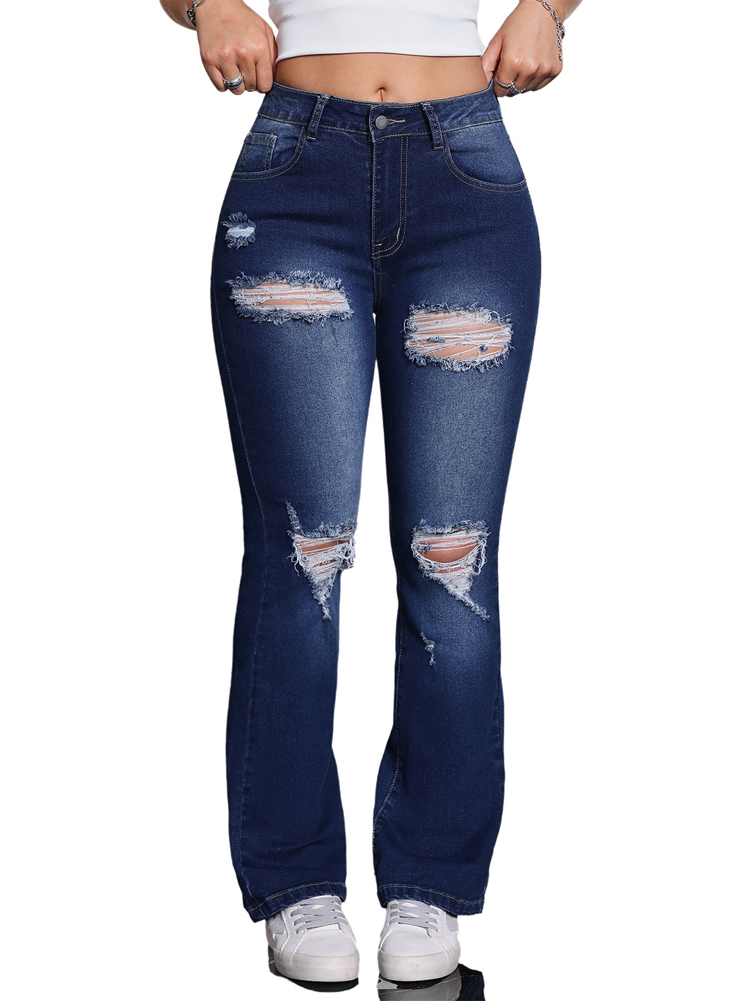 Women Ripped High Waist Flare Jeans Distressed Denim Pants - Image 3