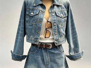 Women olive green washed denim two piece set cropped jacket wrap wholesale OEM ODM