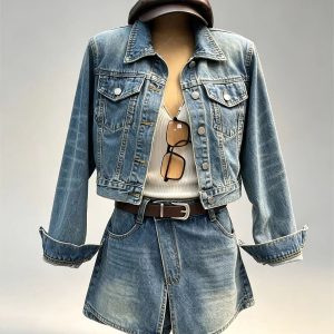Women olive green washed denim two piece set cropped jacket wrap wholesale OEM ODM