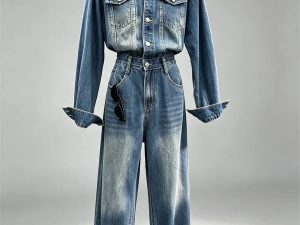 Vintage washed denim two piece set lapel jacket high waist wide leg pants women wholesale