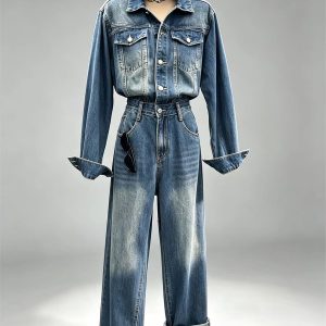 Vintage washed denim two piece set lapel jacket high waist wide leg pants women wholesale