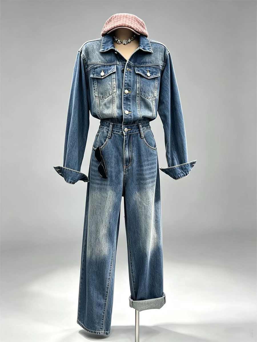 Vintage washed denim two piece set lapel jacket high waist wide leg pants women wholesale