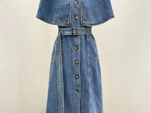 Detachable cape denim trench midi dress belted waist vintage denim coat dress women bulk coem wholesale