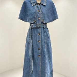 Detachable cape denim trench midi dress belted waist vintage denim coat dress women bulk coem wholesale