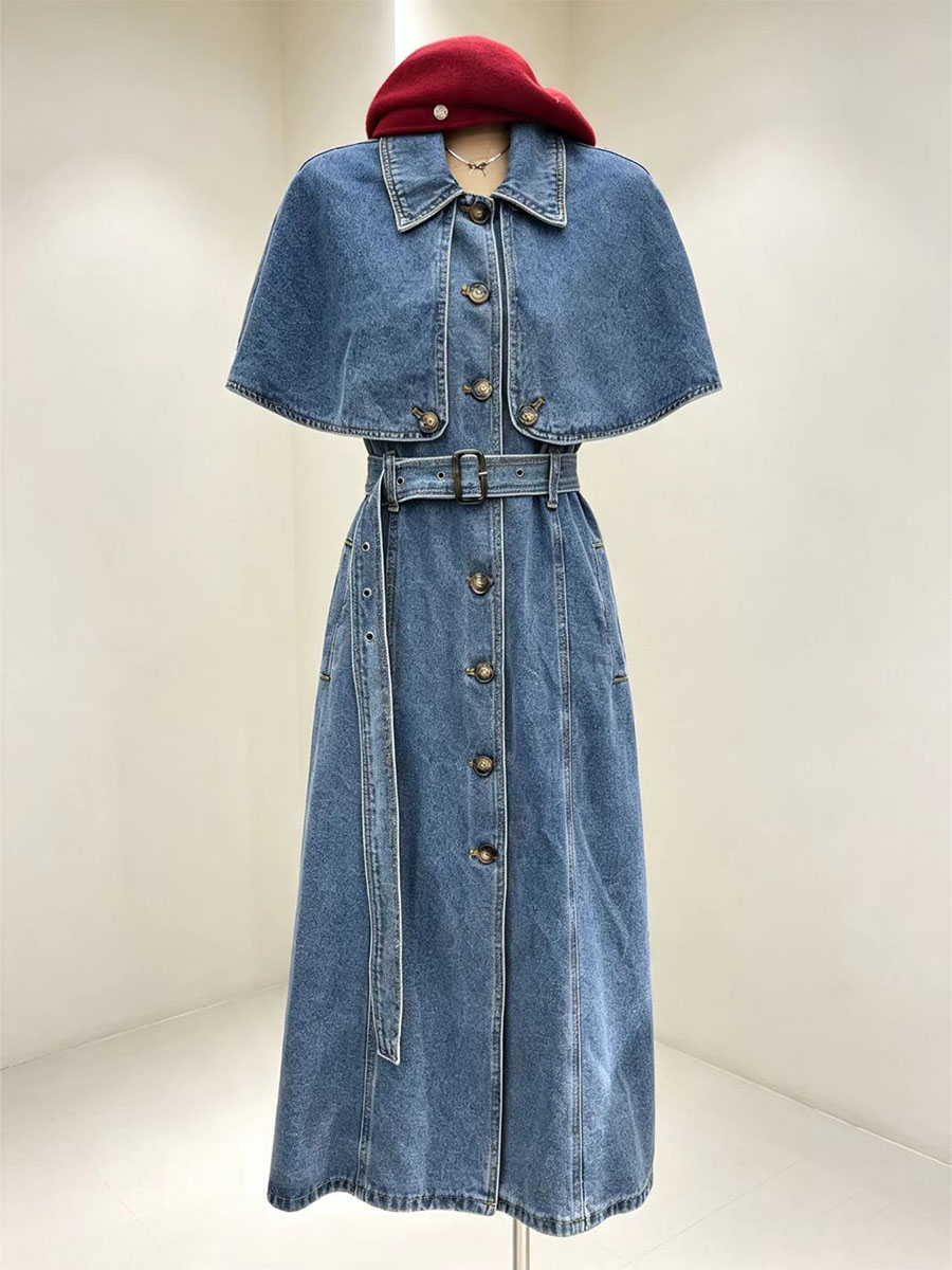 Detachable cape denim trench midi dress belted waist vintage denim coat dress women bulk coem wholesale