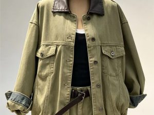 Olive green denim two piece set faux leather collar loose jacket mini skirt women bulk wholesale