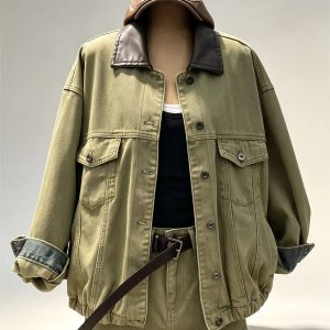 Olive green denim two piece set faux leather collar loose jacket mini skirt women bulk wholesale