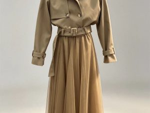 Khaki trench coat two‑piece set classic lapel windbreaker jacket long tulle skirt women bulk wholesale