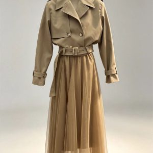Khaki trench coat two‑piece set classic lapel windbreaker jacket long tulle skirt women bulk wholesale