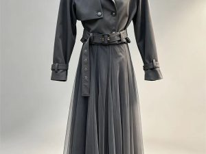 Dark grey trench coat two‑piece set classic lapel windbreaker long tulle maxi skirt women bulk oem odm wholesale