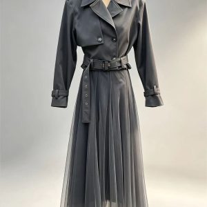 Dark grey trench coat two‑piece set classic lapel windbreaker long tulle maxi skirt women bulk oem odm wholesale