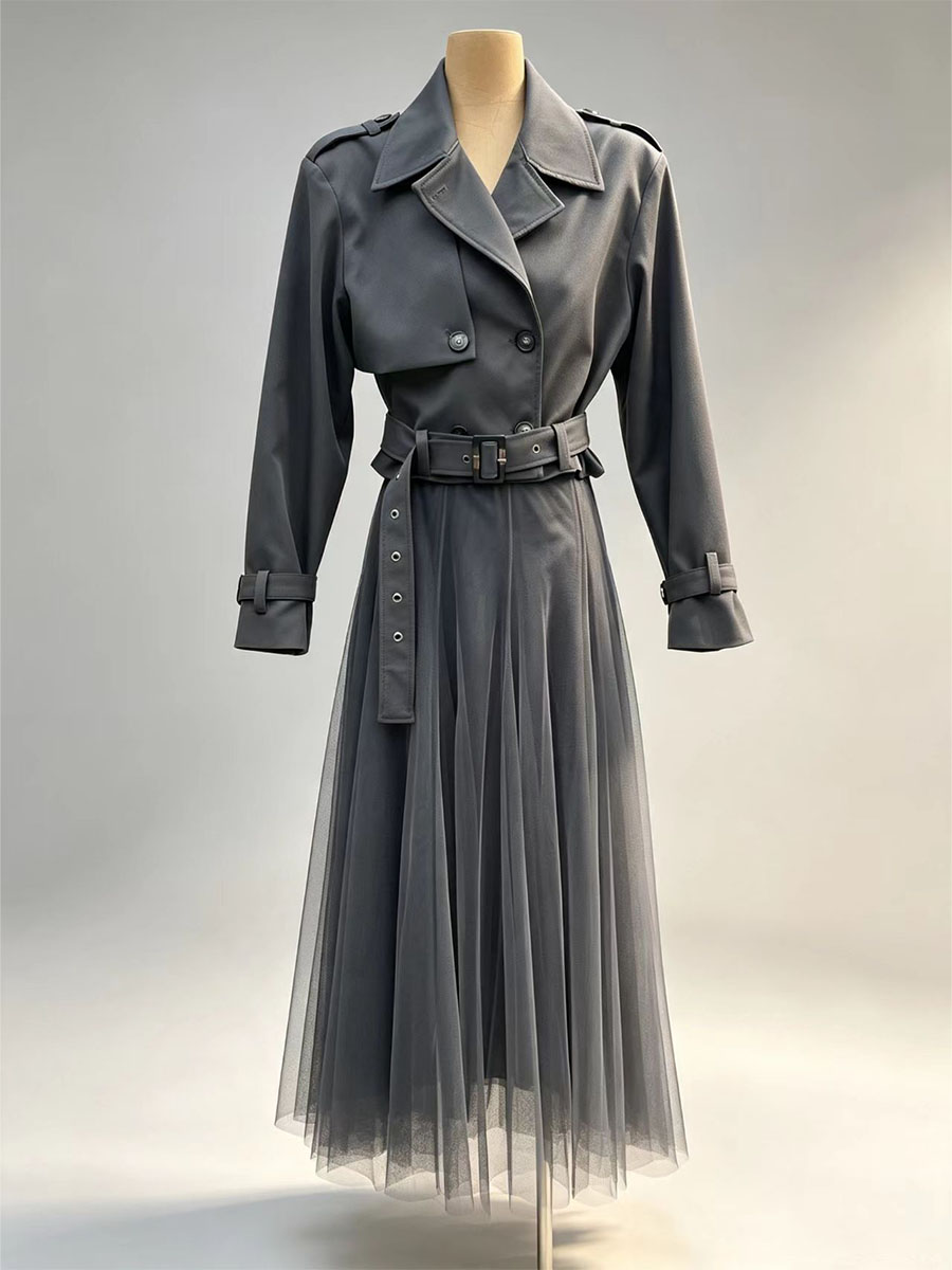 Dark grey trench coat two‑piece set classic lapel windbreaker long tulle maxi skirt women bulk oem odm wholesale