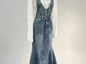 Denim overall mermaid maxi dress two‑piece set white lace long sleeve blouse women vintage bulk wholesale