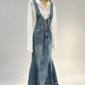 Denim overall mermaid maxi dress two‑piece set white lace long sleeve blouse women vintage bulk wholesale