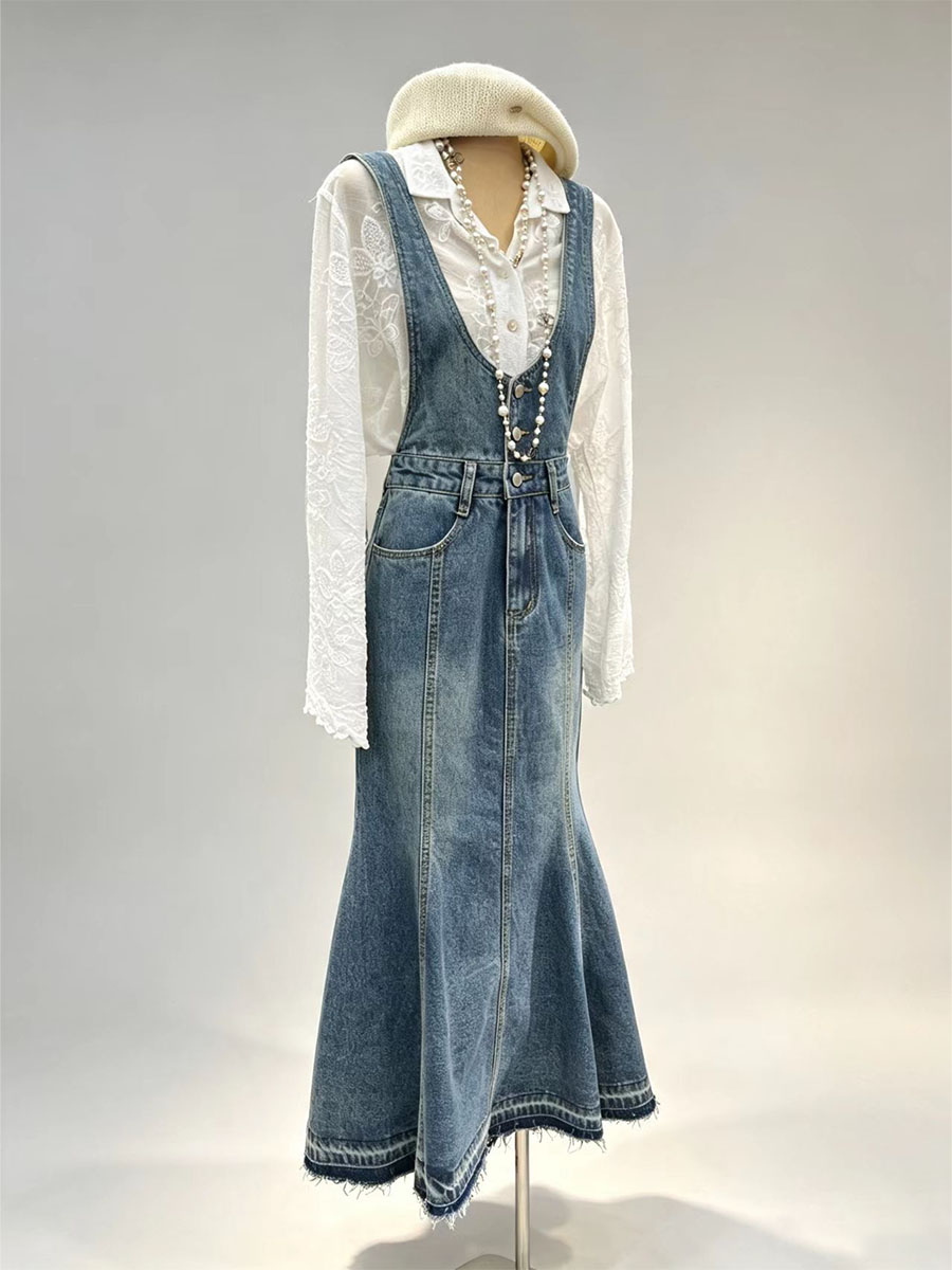 Denim overall mermaid maxi dress two‑piece set white lace long sleeve blouse women vintage bulk wholesale