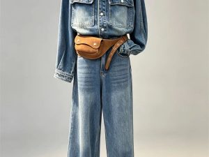 Denim two‑piece set stand collar cargo denim shirt wide leg jeans women vintage street bulk wholesale
