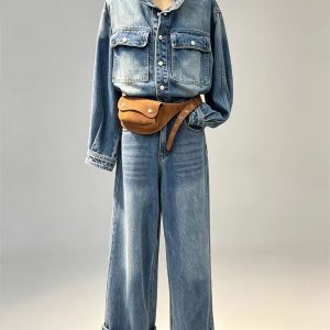 Denim two‑piece set stand collar cargo denim shirt wide leg jeans women vintage street bulk wholesale