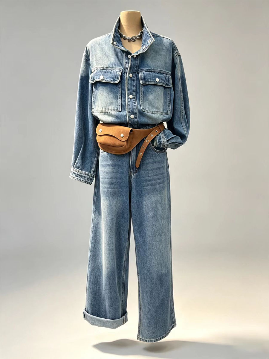 Denim two‑piece set stand collar cargo denim shirt wide leg jeans women vintage street bulk wholesale