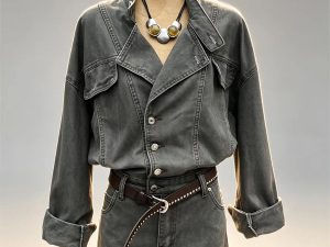Dark grey washed denim two‑piece set lapel blazer jacket high waist mini skirt women vintage street bulk wholesale