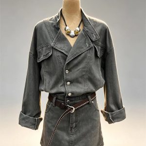 Dark grey washed denim two‑piece set lapel blazer jacket high waist mini skirt women vintage street bulk wholesale