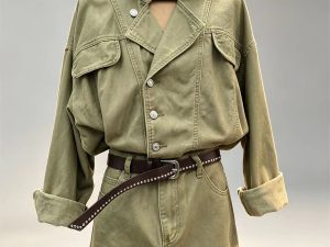 Army green cargo two‑piece set asymmetrical lapel workwear jacket high waist mini skirt women vintage street bulk wholesale