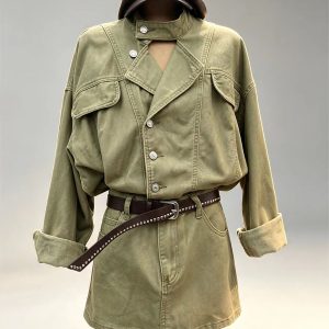 Army green cargo two‑piece set asymmetrical lapel workwear jacket high waist mini skirt women vintage street bulk wholesale