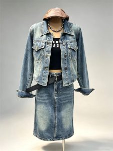 Vintage denim two‑piece set cropped lapel denim jacket high waist midi denim skirt women retro street bulk wholesale