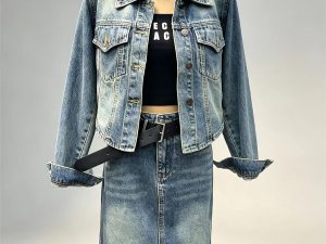Vintage denim two‑piece set cropped lapel denim jacket high waist midi denim skirt women retro street bulk wholesale