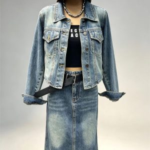 Vintage denim two‑piece set cropped lapel denim jacket high waist midi denim skirt women retro street bulk wholesale