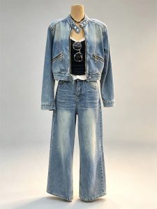 Vintage denim two‑piece set stand collar zip‑up cropped denim jacket high waist wide leg jeans women street bulk wholesale