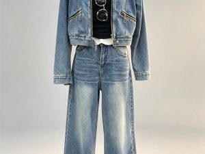 Vintage denim two‑piece set stand collar zip‑up cropped denim jacket high waist wide leg jeans women street bulk wholesale