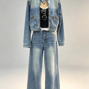 Vintage denim two‑piece set stand collar zip‑up cropped denim jacket high waist wide leg jeans women street bulk wholesale
