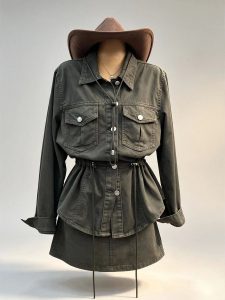 Vintage denim two‑piece set stand collar zip‑up cropped denim jacket high waist wide leg jeans women street bulk wholesale