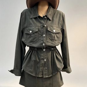 Vintage denim two‑piece set stand collar zip‑up cropped denim jacket high waist wide leg jeans women street bulk wholesale