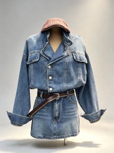 Vintage blue denim two‑piece set asymmetric lapel oblique button jacket high waist mini skirt women retro street bulk wholesale