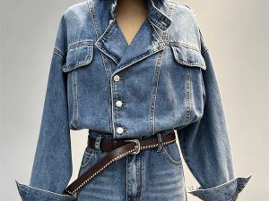 Vintage blue denim two‑piece set asymmetric lapel oblique button jacket high waist mini skirt women retro street bulk wholesale