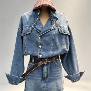 Vintage blue denim two‑piece set asymmetric lapel oblique button jacket high waist mini skirt women retro street bulk wholesale