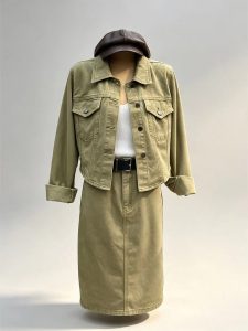 Olive green cargo two‑piece set cropped lapel jacket high waist midi skirt women vintage casual street bulk wholesale