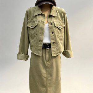 Olive green cargo two‑piece set cropped lapel jacket high waist midi skirt women vintage casual street bulk wholesale