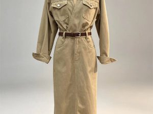 Khaki cargo maxi dress lapel collar belted waist long sleeve safari one‑piece women vintage casual bulk wholesale