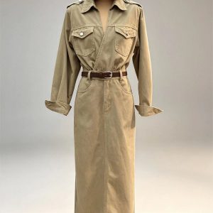 Khaki cargo maxi dress lapel collar belted waist long sleeve safari one‑piece women vintage casual bulk wholesale